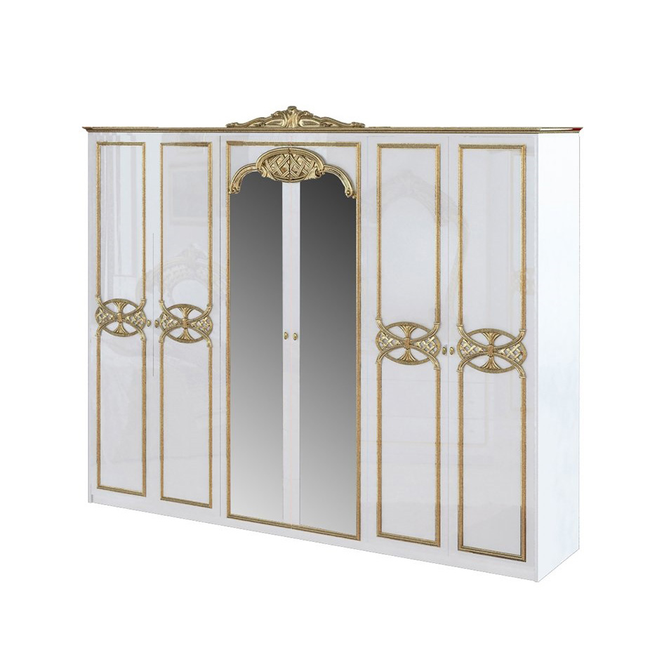 

Шкаф распашной с зеркалами в спальню, в прихожую из ДСП и МДФ Ева 6Д EV-16-11-WB MiroMark белый/золотистый