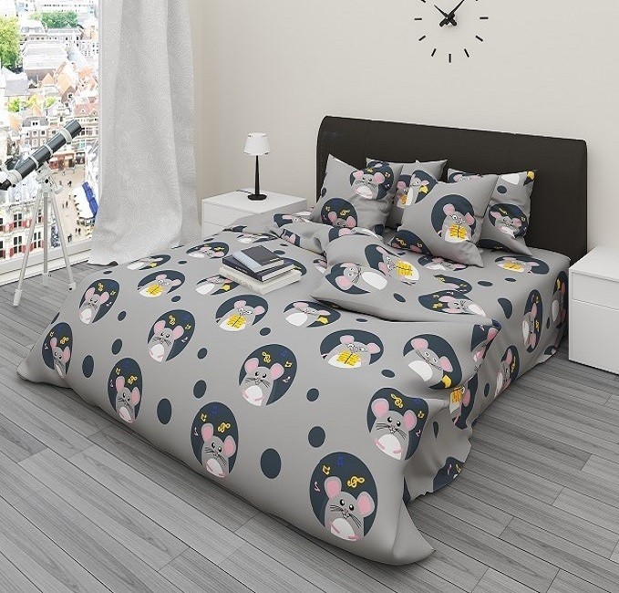

Комплект постельного белья Сырные мышки серые CottonTwill 200х220 см 2-спальный Ранфорс (ДР099-3)