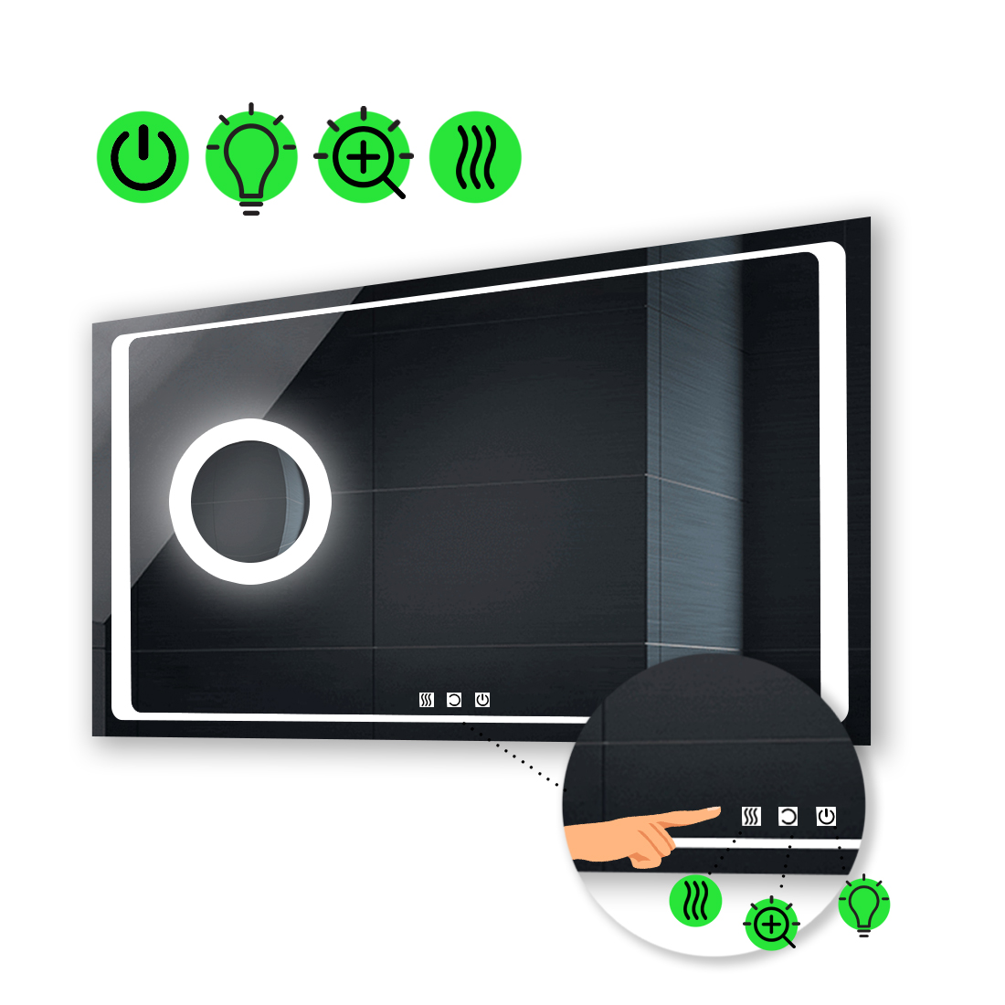 

Зеркало Emma с Led-подсветкой, тремя сенсорами, подогревом, линзой с подсветкой 80x60 см