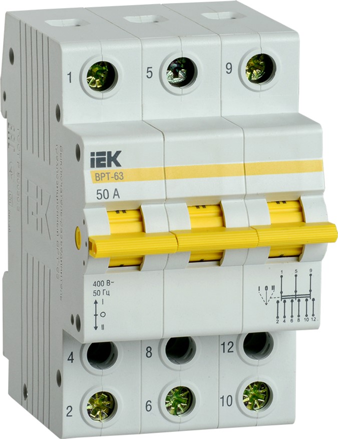 

Вимикач-роз'єднувач IEK трипозиційний ВРТ-63 3P 50А (MPR10-3-050)