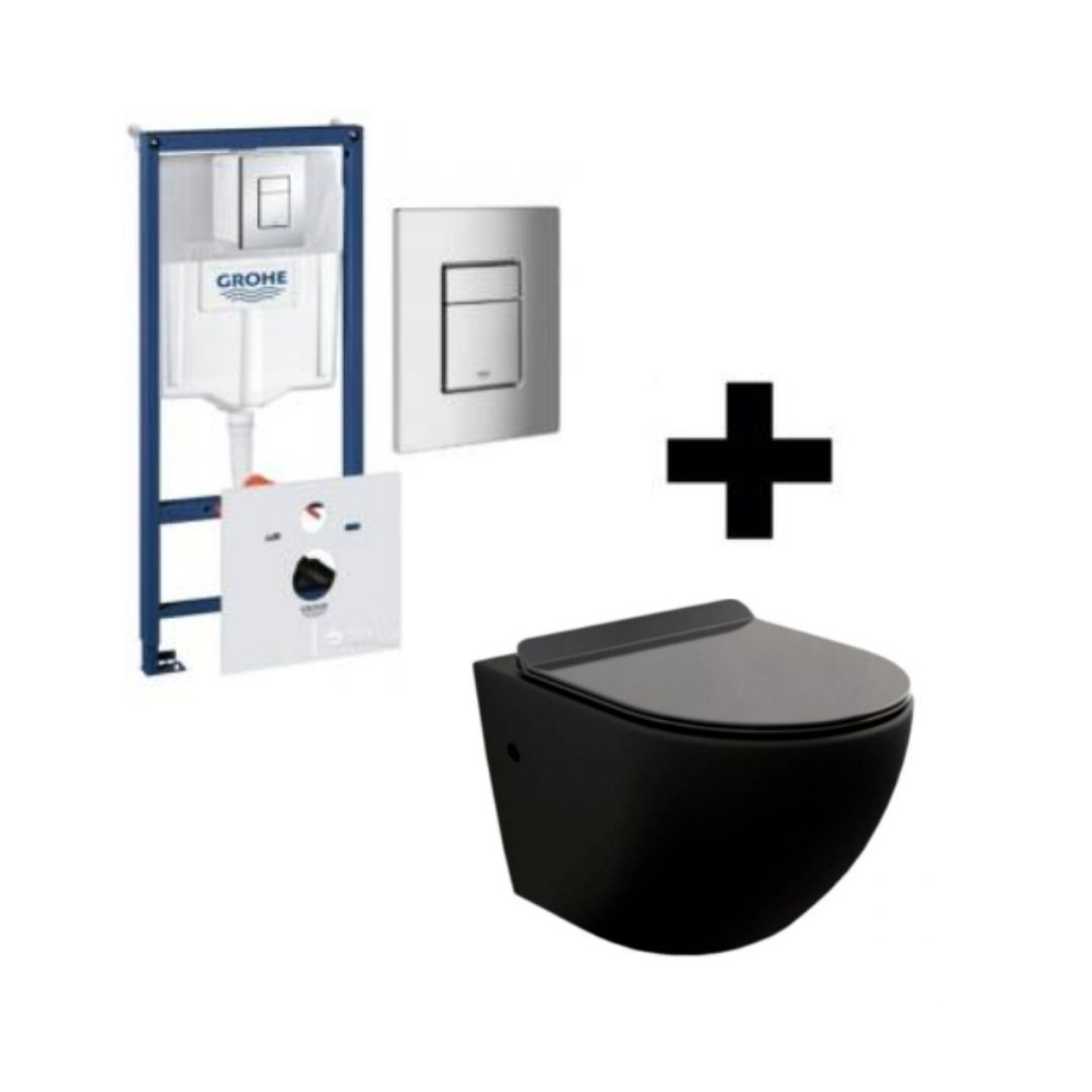 

Инсталляция GROHE COSMOPOLITAN + унитаз MEXEN LENA RIMLESS чёрный матовый + крышка-сидение SLIM + панель смыва Skate Cosmopolitan хром