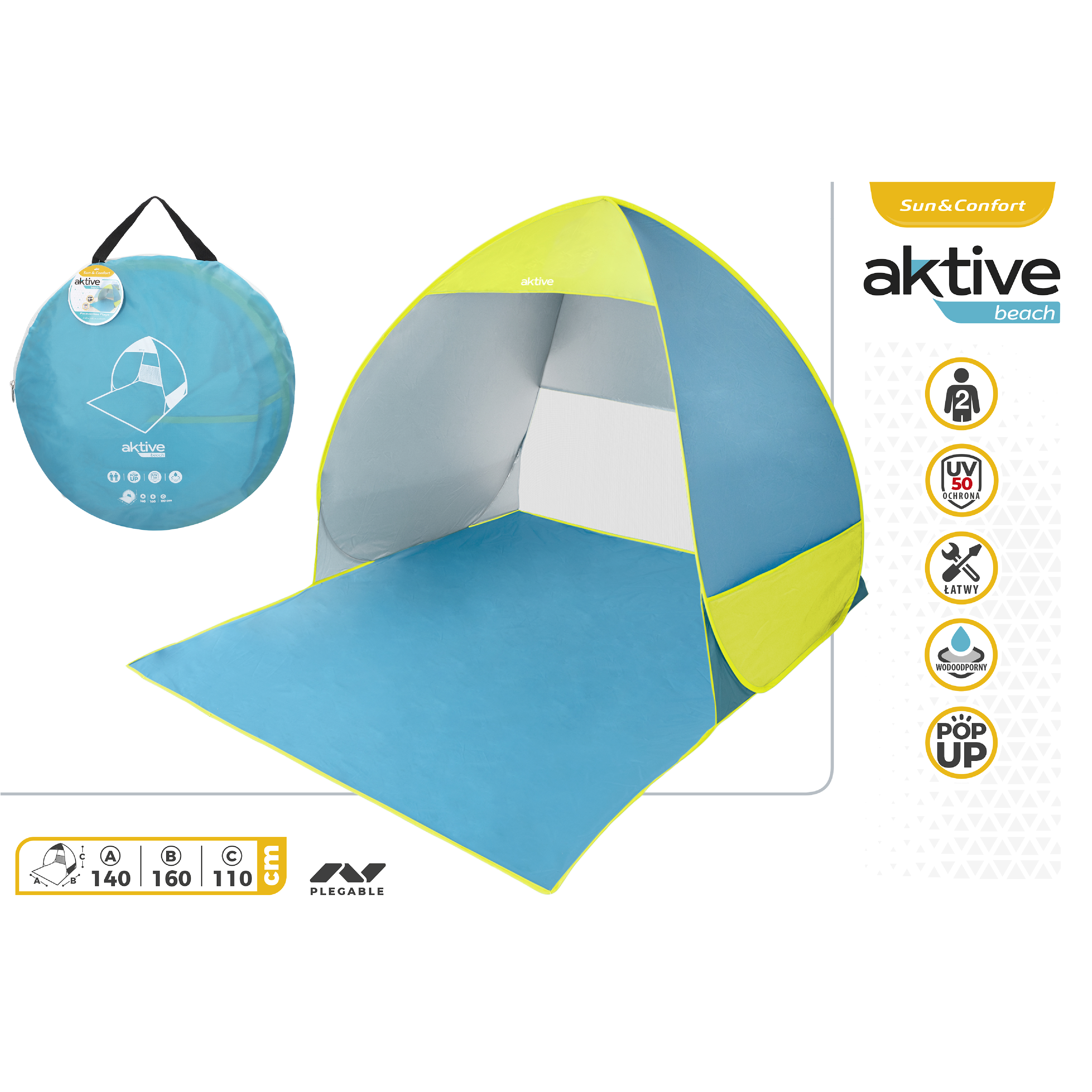 

Пляжная палатка Aktive 62165 самораскладывающаяся, желто-голубая
