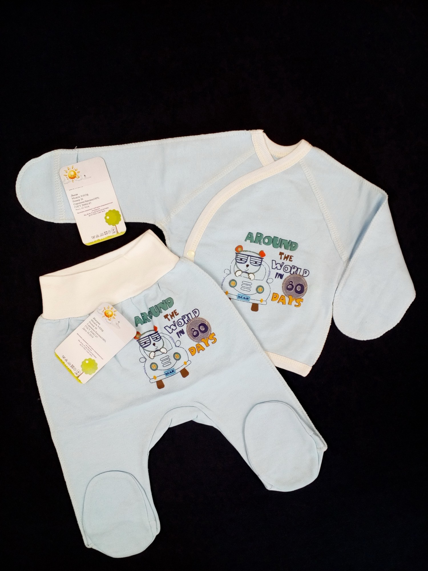 

Комплект распашонка + ползунки HappyTot Мишка-шофер 9-015ф+9-020ф 56см голубой
