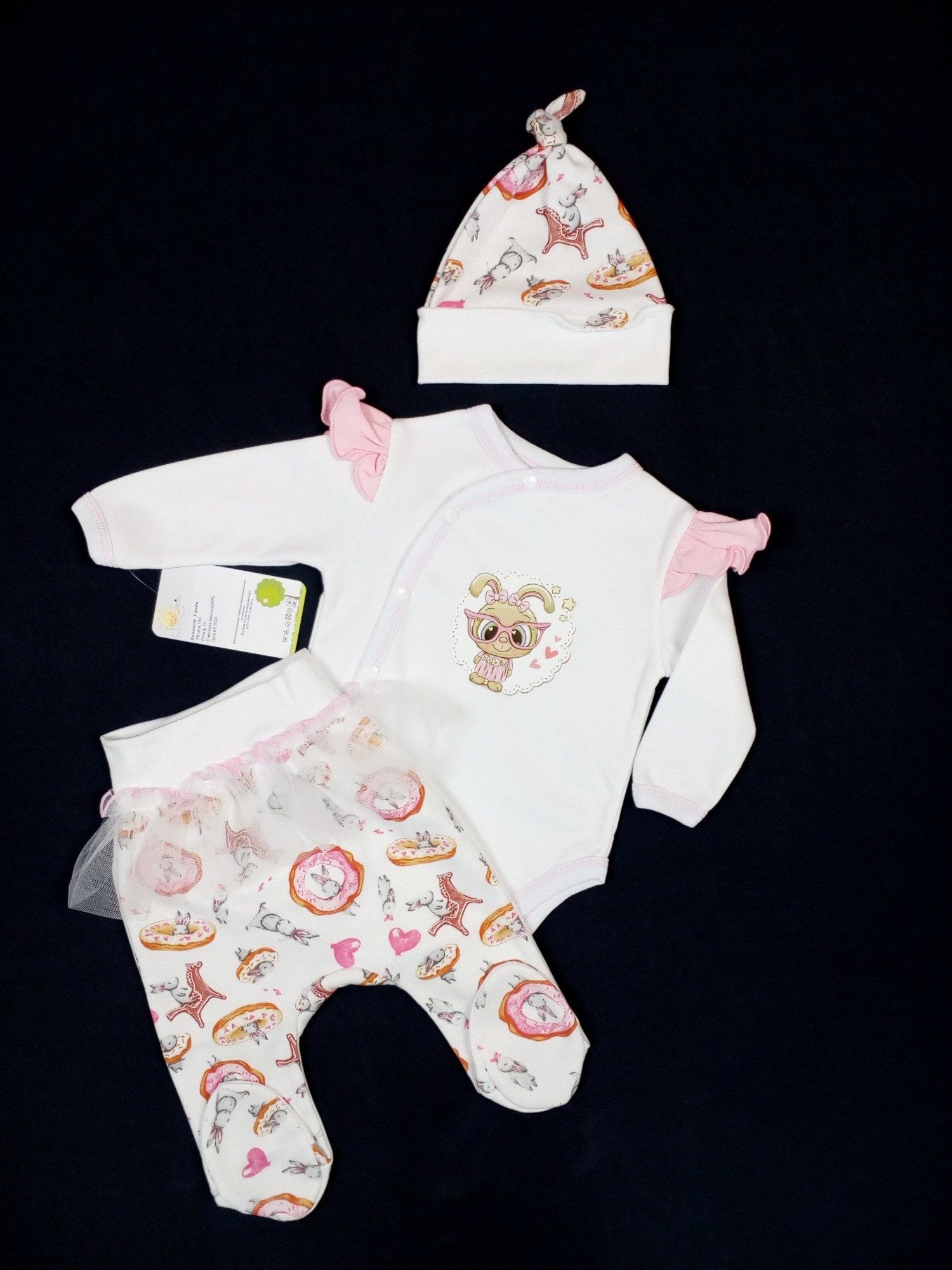 

Комплект боди + ползунки + шапочка HappyTot Зая 62см белый 983