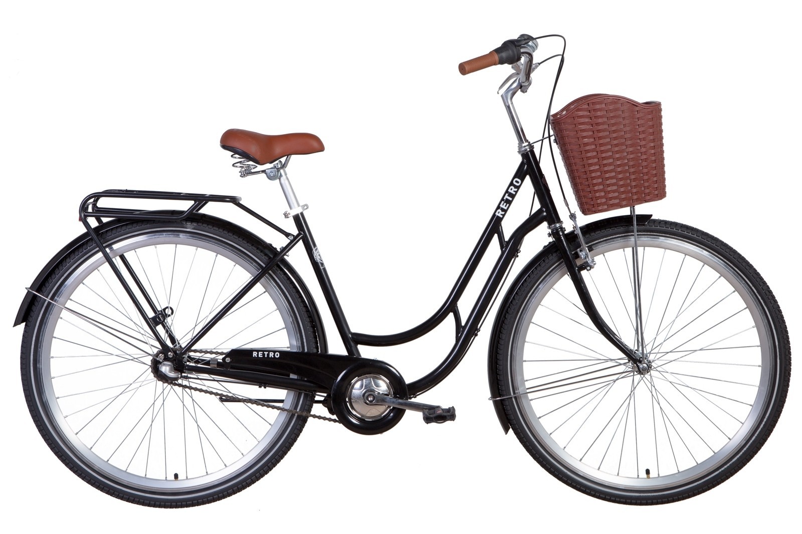 

Велосипед ST 28 Dorozhnik RETRO планет. 19 черный с багажником зад St, с крылом St, с корзиной Pl 2021