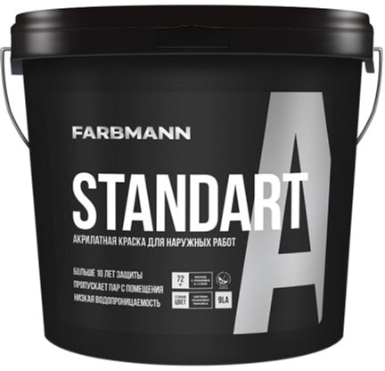 

Латексная атмосферостойкая краска Farbmann Standart A на акрилатной основе для наружных работ 9 л Белая (4823046204425)