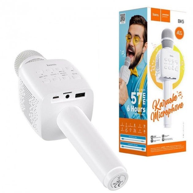 

Микрофон караоке HOCO Cantando karaoke microphone BK5 BT5.0, DSP, 3-6h, TF, USB. Белый