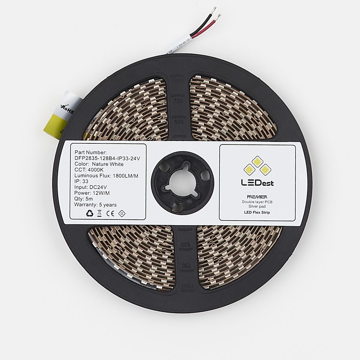

Светодиодная лента LEDest Premier SMD 2835 24В 128шт 12Вт 4000К 1800лм IP33 10мм (DFP2835-128B4-IP33-24V) (art.239451)