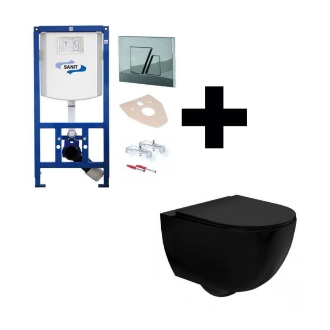 

Инсталляция Sanit Ineo + унитаз REA CARLO MINI RIMLESS FLAT чёрный матовый + крышка-сидение SLIM bl + панель смыва S-707 хром