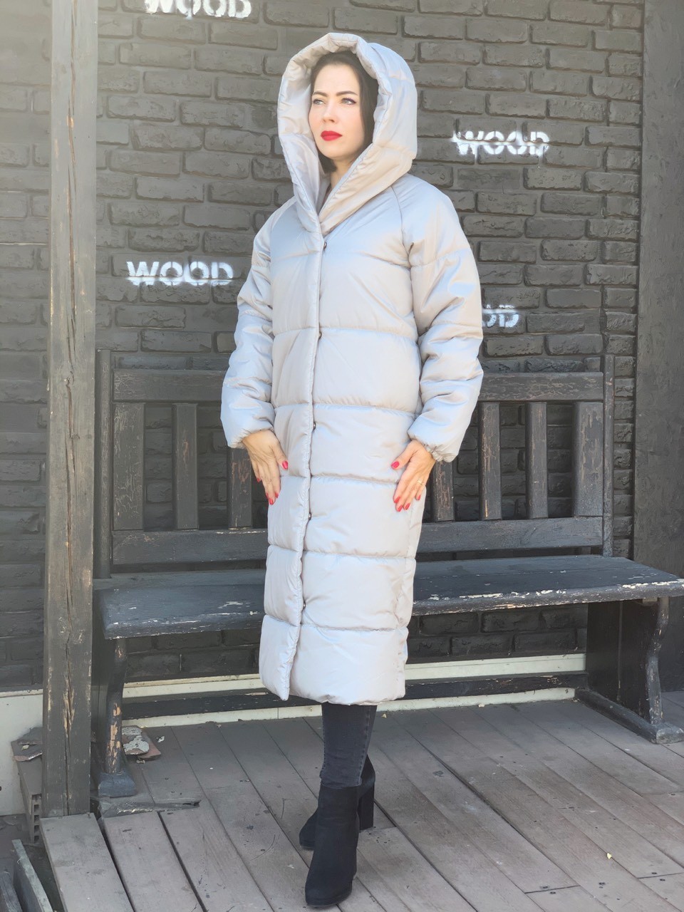 

Пуховик MaLika одеяло зима oversize с капюшоном серый 42-44