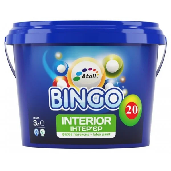 

Краска интерьерная ПРЕМИУМ латексная полуматовая, степень блеска 20 Atoll SI-23 Bingo 20 3л белая