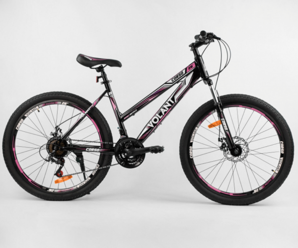 

Велосипед спортивный детский CORSO VOLANT 62616, 26 дюймов, стальная рама, 21 скорость, Черно-розовый
