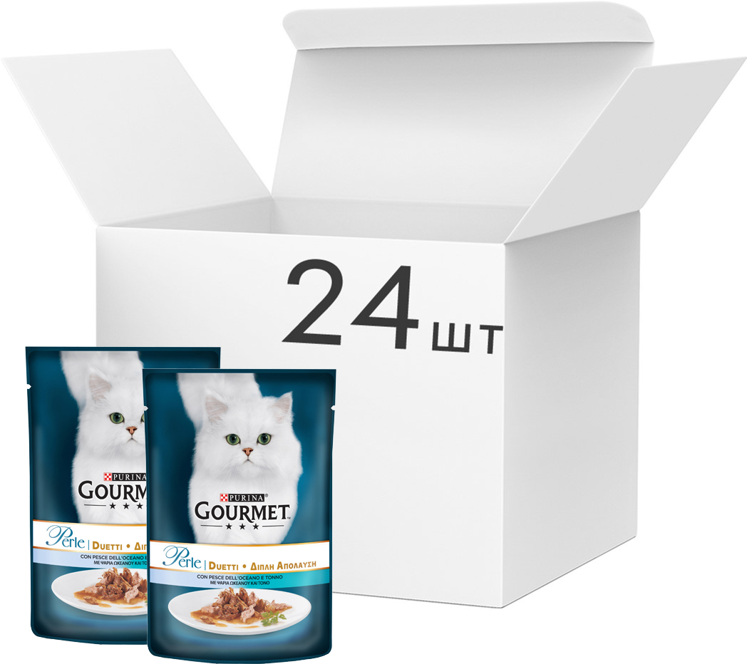 Акція на Упаковка влажного корма для кошек Purina Gourmet Perle Duo с океанической рыбой и тунцом 24 шт по 85 г (7613033580345) від Rozetka UA