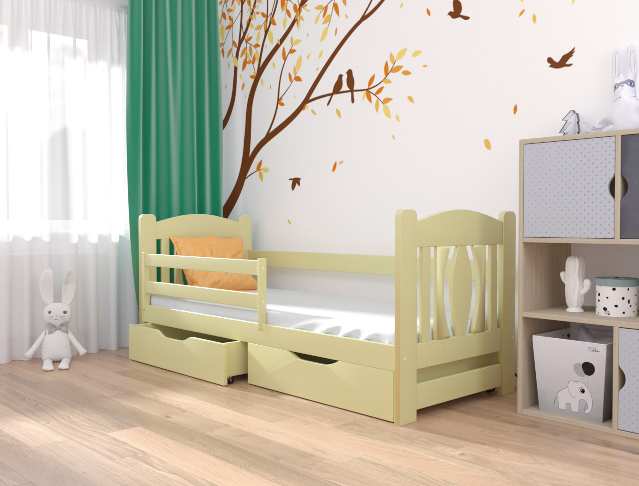 

Кровать односпальная в детскую из натурального дерева Оскар 90х200 с бортиком и ящиками слоновая кость Luna (без матраса)