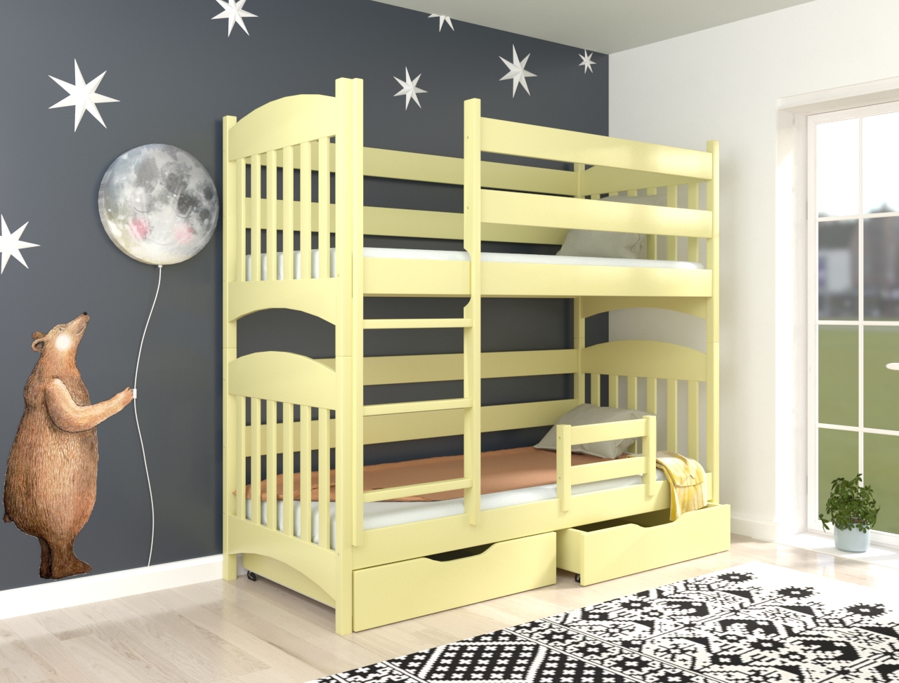 

Кровать двухъярусная из натурального дерева Мелисса 90х200 с бортиком и ящиками слоновая кость Luna (без матраса)