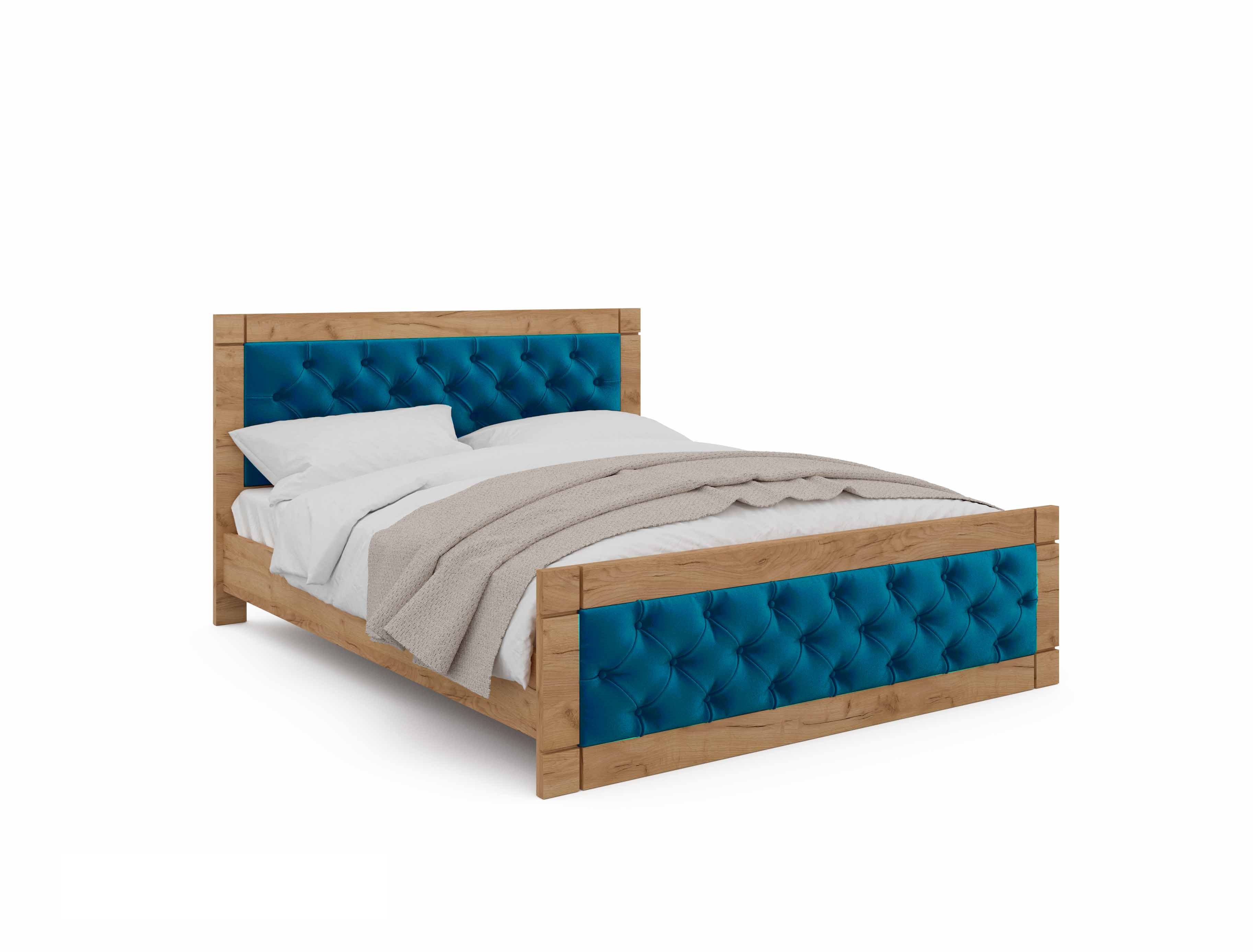 

Кровать полуторная с мягким изголовьем Natali 140x200 ЛДСП дуб тахо/ткань велюр Sky Blue голубой Viorina-Deko (без матраса)