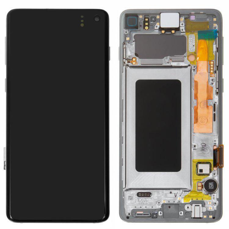 

Дисплей для Samsung G973 Galaxy S10, білий, із сенсорним екраном, з рамкою, Original, сервісне опаковання, #GH82-18850B/GH82-18835B