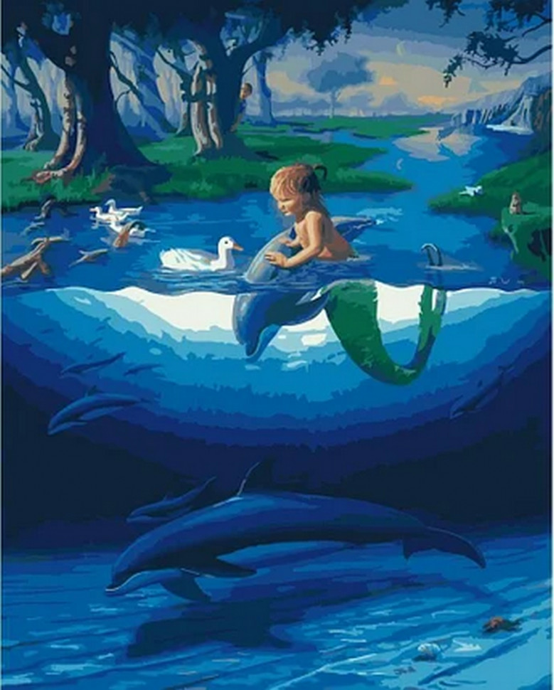 

Картина по номерам. Rainbow Art "Маленький русал с дельфинами" GX28270-RA 393419