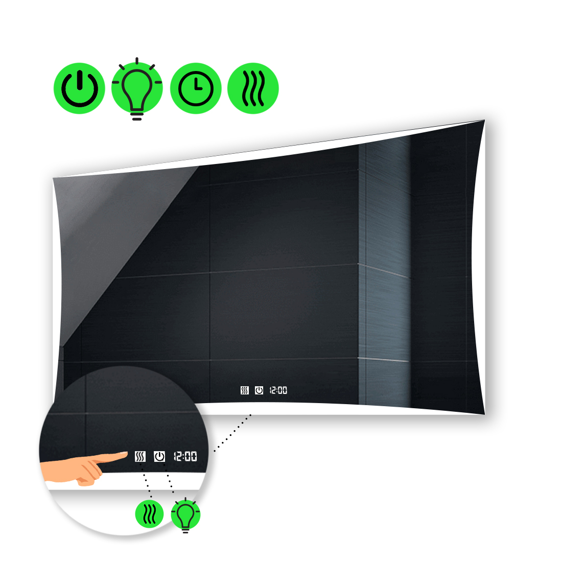 

Зеркало Amado с Led-подсветкой, с двух канальными сенсорами, с часами и подогревом 110x70 см