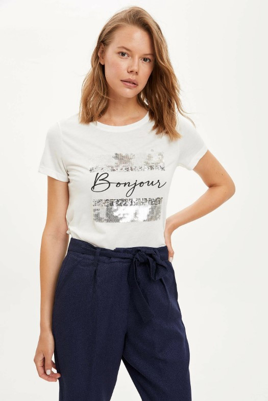 

Футболка Defacto Bonjour c паетками L Белая (DeF Woman -3013-3)
