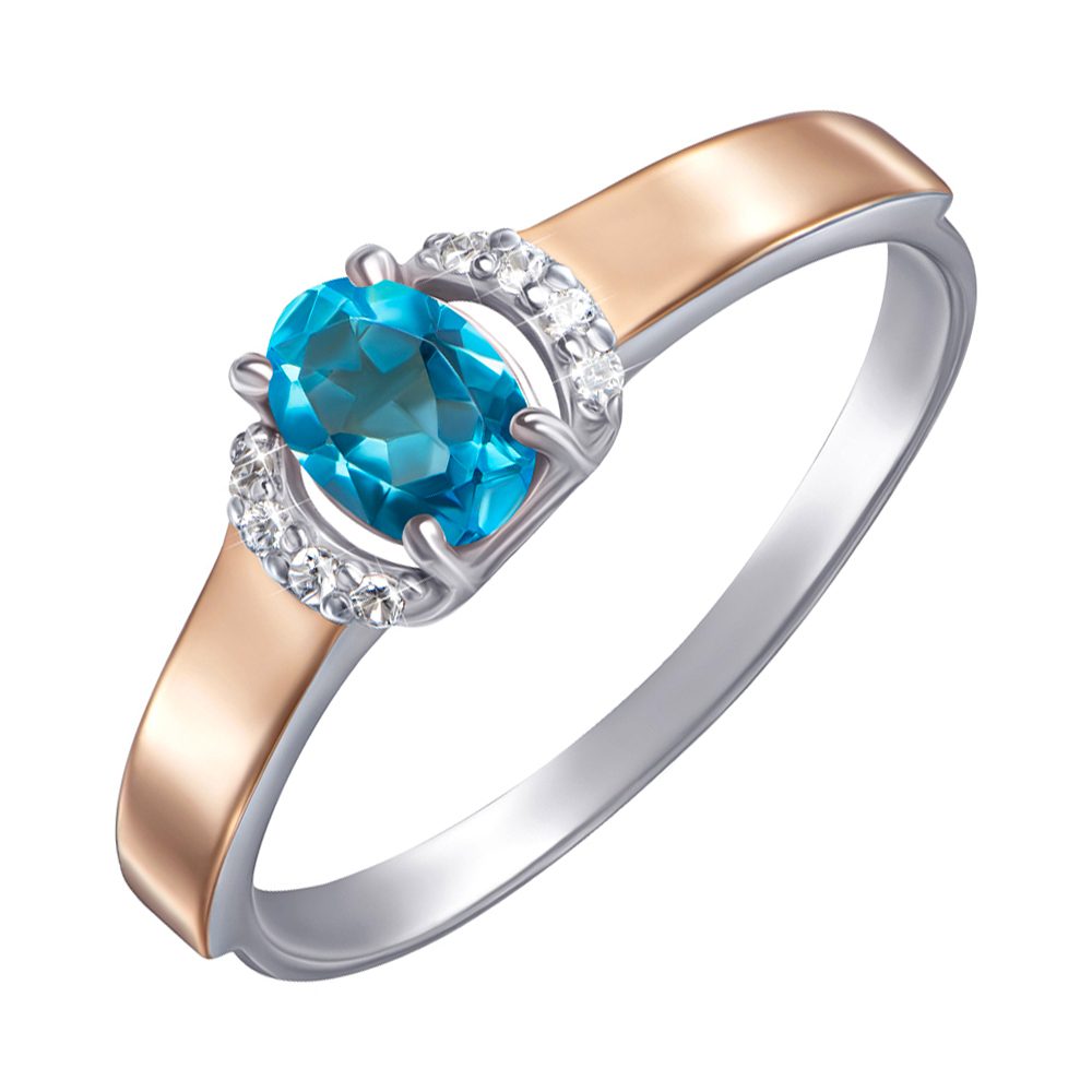 

Серебряное кольцо с золотыми накладками, кварцем под топаз Swiss Blue и фианитами 000134976 16 размера