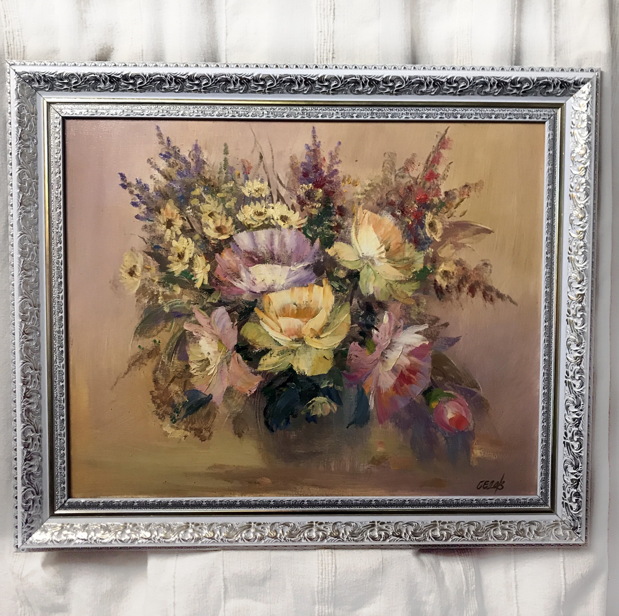 

Картина маслом на холсте 40х50см Радужный букет нежные фиолетовые желтые пионы в вазе ручная работа художника Alleya-kartin