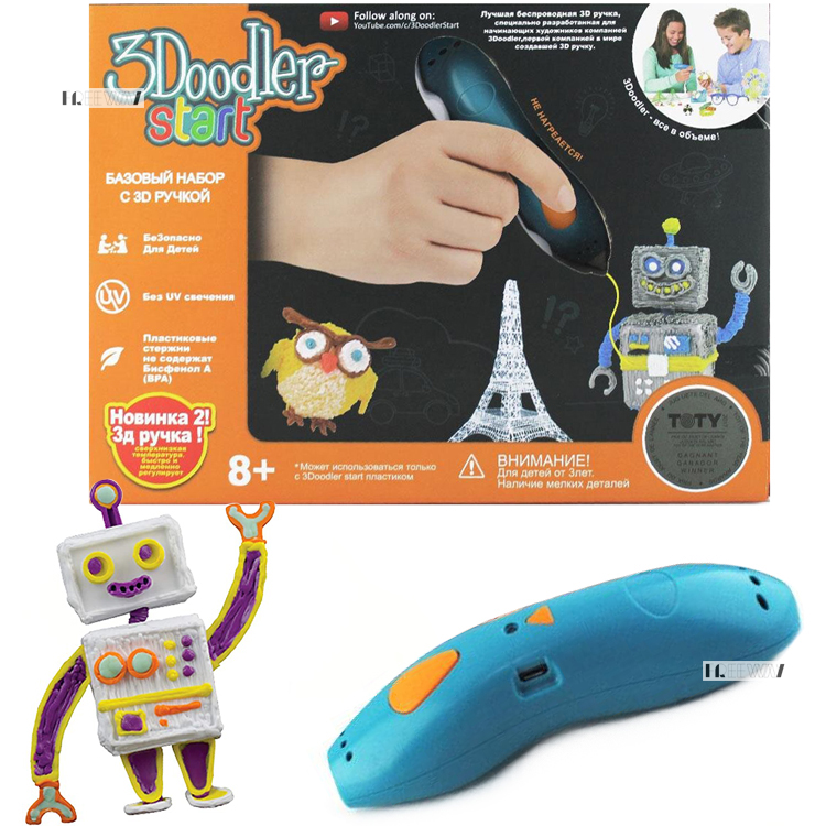 

3Д ручка для детей для начинающих с трафаретами и пластиком 3Doodler Start Голубая (9901Q)
