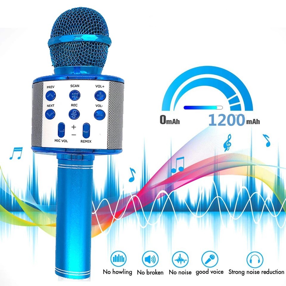 

Детский ручной Bluetooth караоке микрофон Wster WS-858 и портативная MP 3 колонка 2в1 Синий