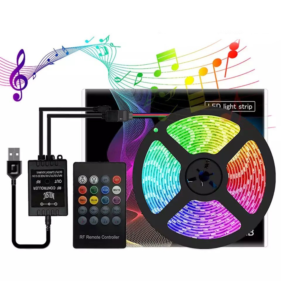 

Многоцветная светодиодная лента music RGB 5050 герметичная USB лента 5 м контроллер пульт с микрофоном 8 цветов 8 режимов мигания в такт музыки готовый комплект