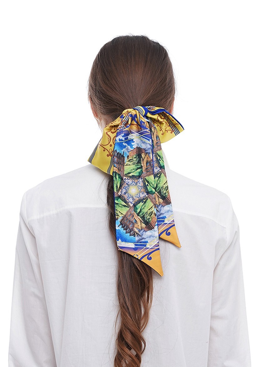 

Галстук Твилли авторский MyScarf  сине-желтый с принтом замок, Галстук Твилли авторский MyScarf one size сине-желтый с принтом замок