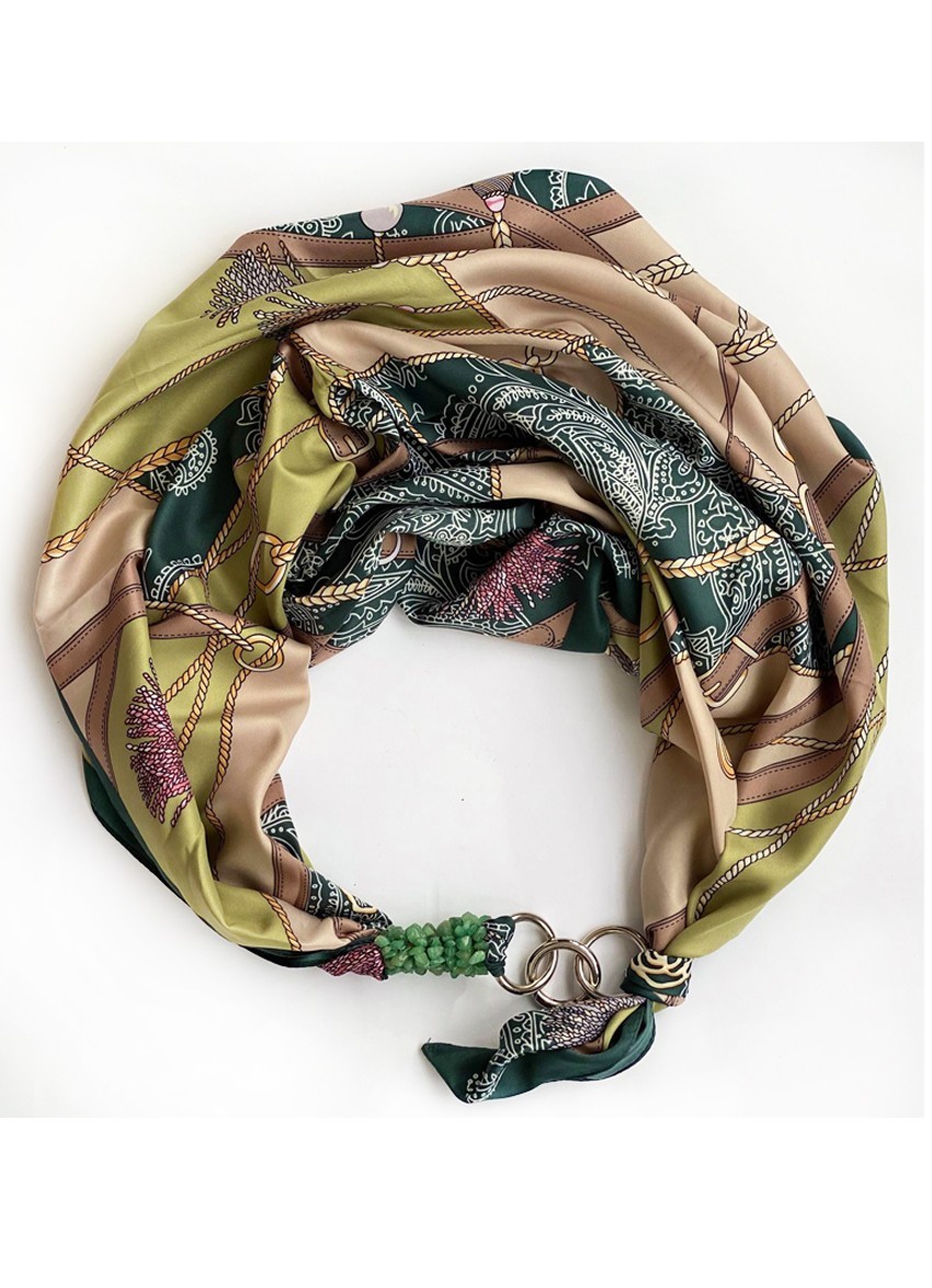 

Платок MyScarf " Осенний блюз" коричнево-зеленый с принтом и камнями амазонит