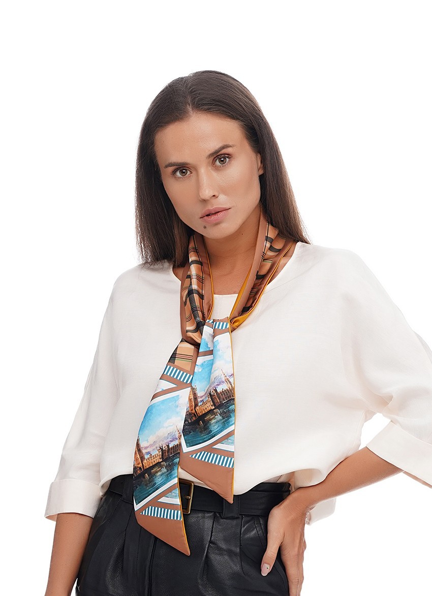 

Галстук Твилли авторский MyScarf  коричневый с принтом Лондона, Галстук Твилли авторский MyScarf one size коричневый с принтом Лондона