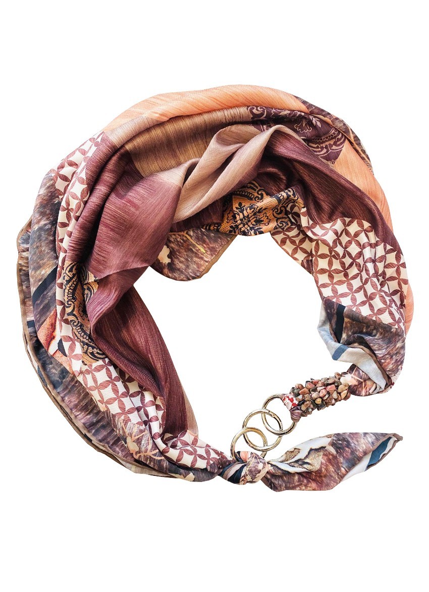 

Платок MyScarf шелковый с принтом и камнями "Персиковый сад"