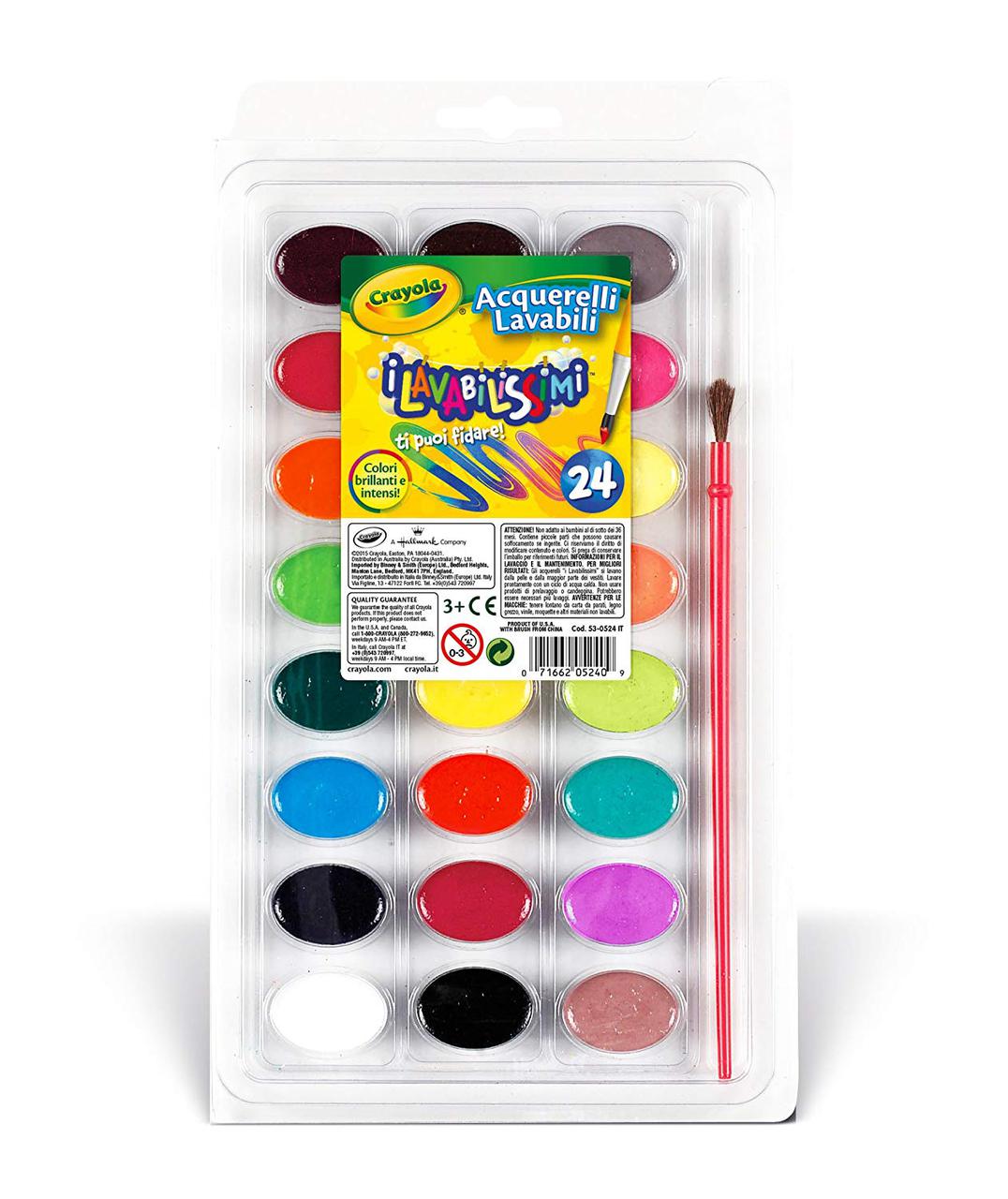 

Моющиеся, смываемые акварельные краски для рисования, творчества Crayola 24 ярких цвета + 1 кисть