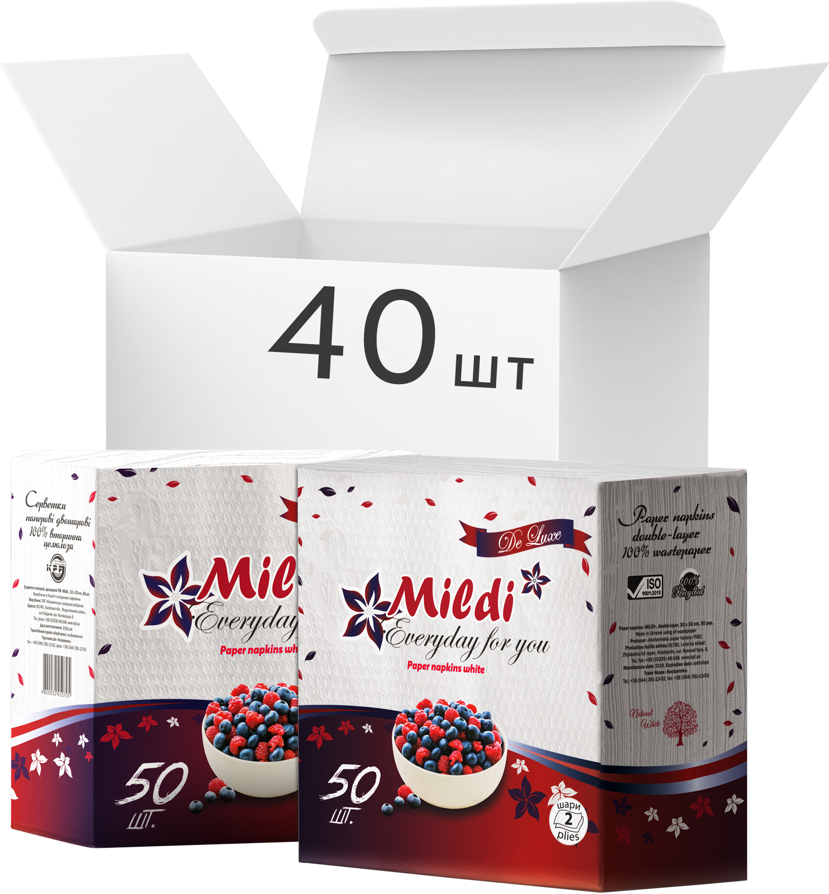 

Упаковка салфеток Mildi De Luxe двухслойных 33х33 см 40 пачек по 50 шт Белых