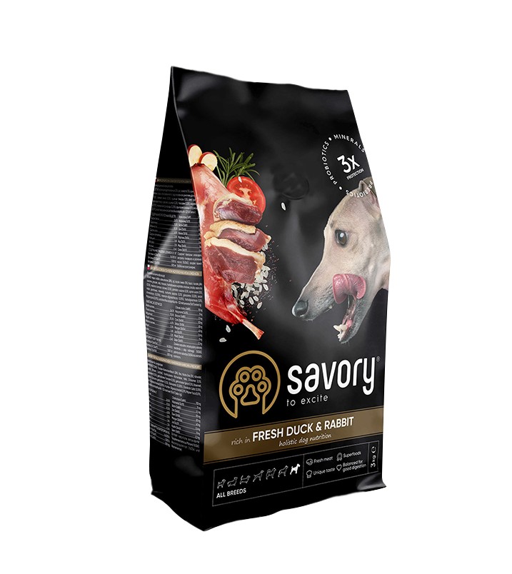 

Сухой корм для собак Savory всем породам со свежим мясом утки и кроликом 3 кг