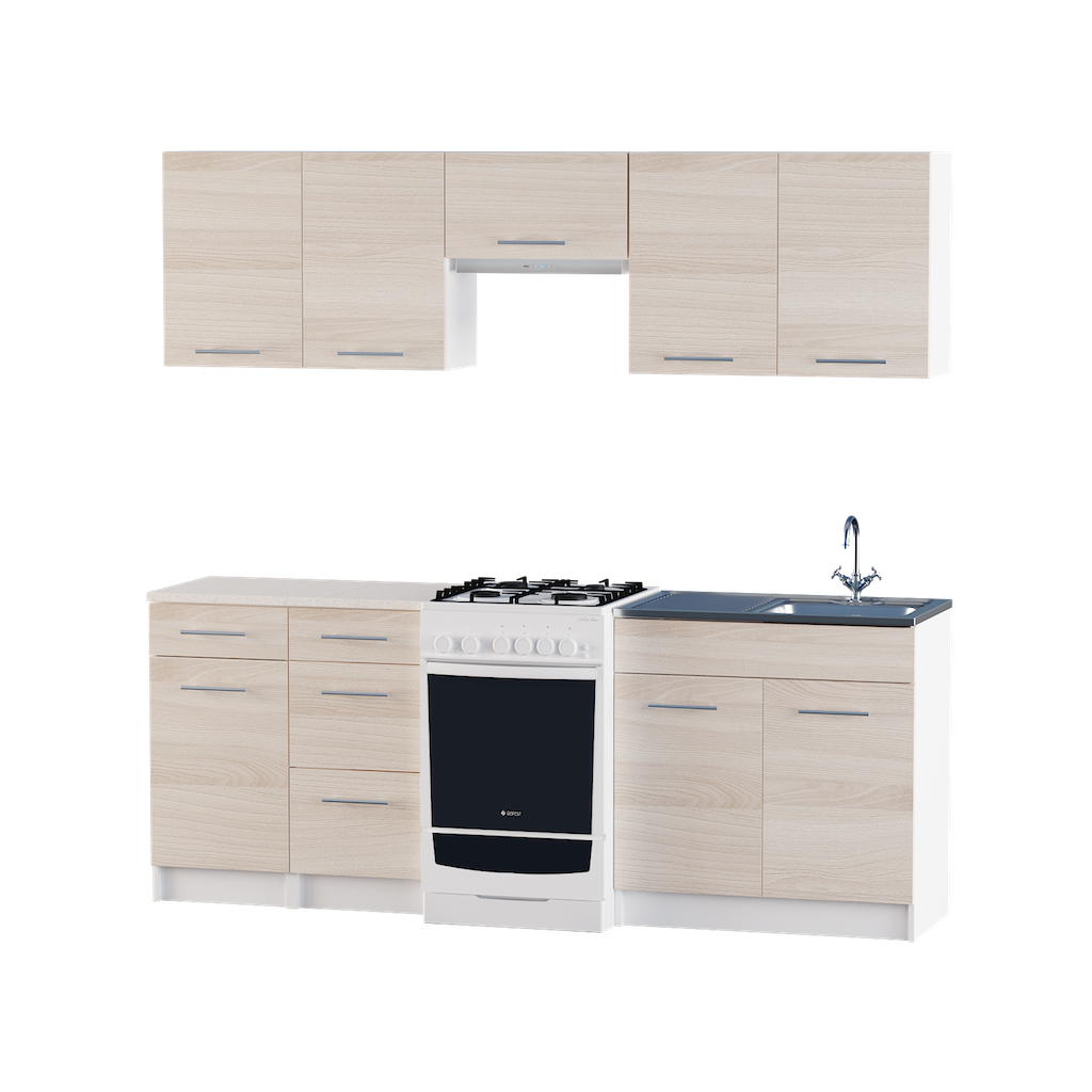 

Кухня модульная Эко Omni Home набор №19 2.1м Ясень Шимо светлый 3 выдвижных ящика + столешница и мойка накладная с сифоном