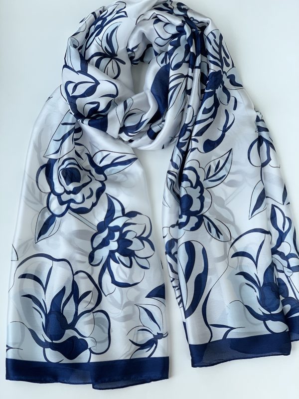 

Шарф шелковый синие цветы Fashion Scarves FS011 белый
