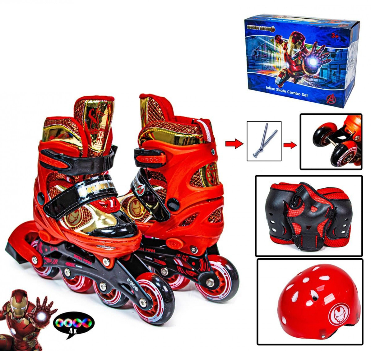 

Детские ролики с защитой и шлемом Disney, размер 29-32, Marvel Iron Man Красные