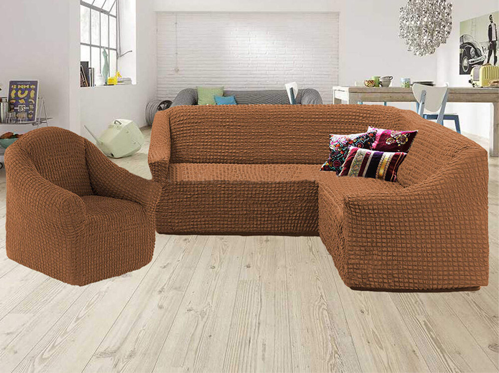 

Чехлы для мебели Naperine угловой диван и кресло жатка без оборки Горячий шоколад