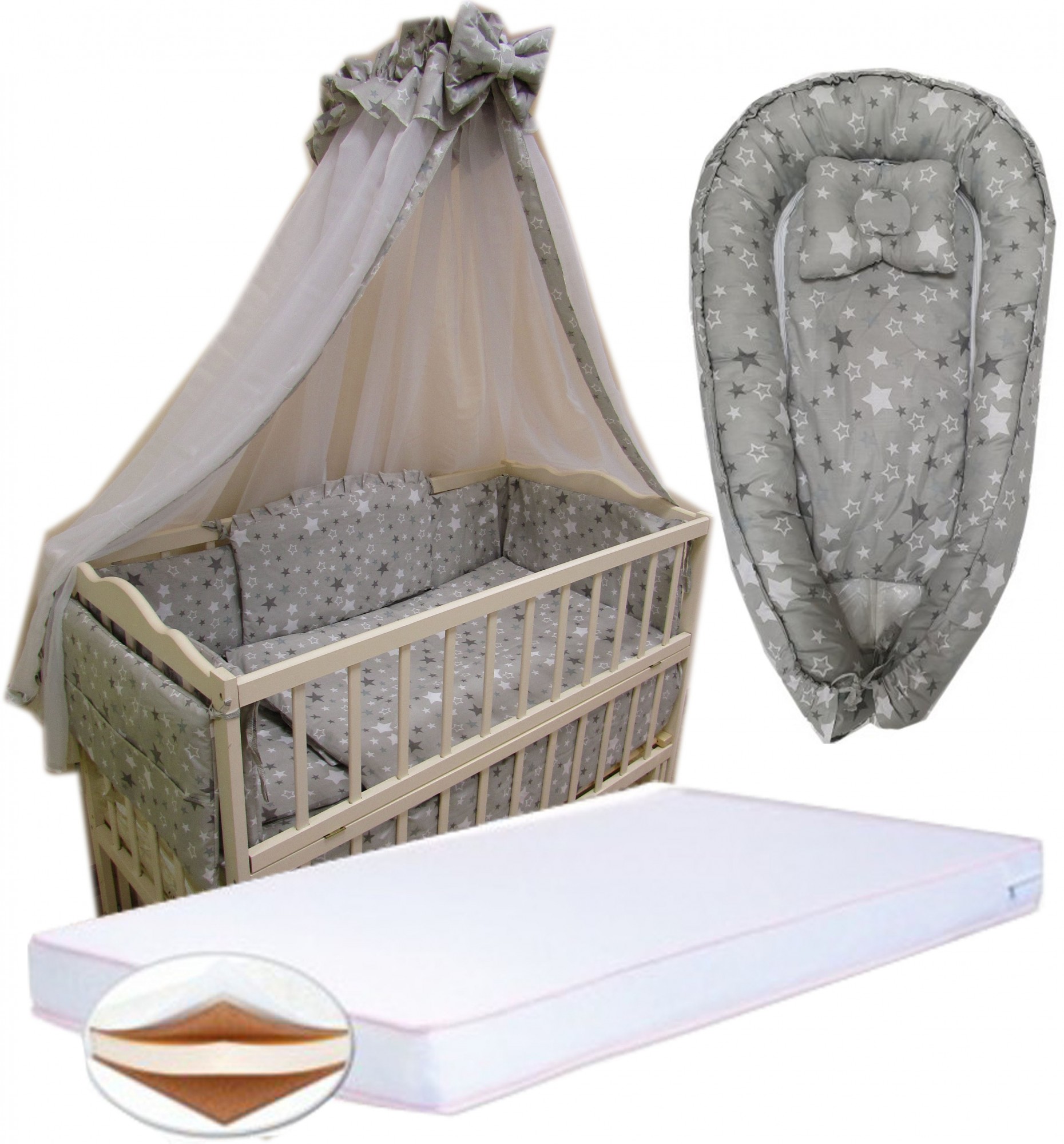 

Набор в кроватку "Максимальный". Постельное 8 элементов, матрас КПК 7 см, кокон, держатель. Серый с белыми звездами