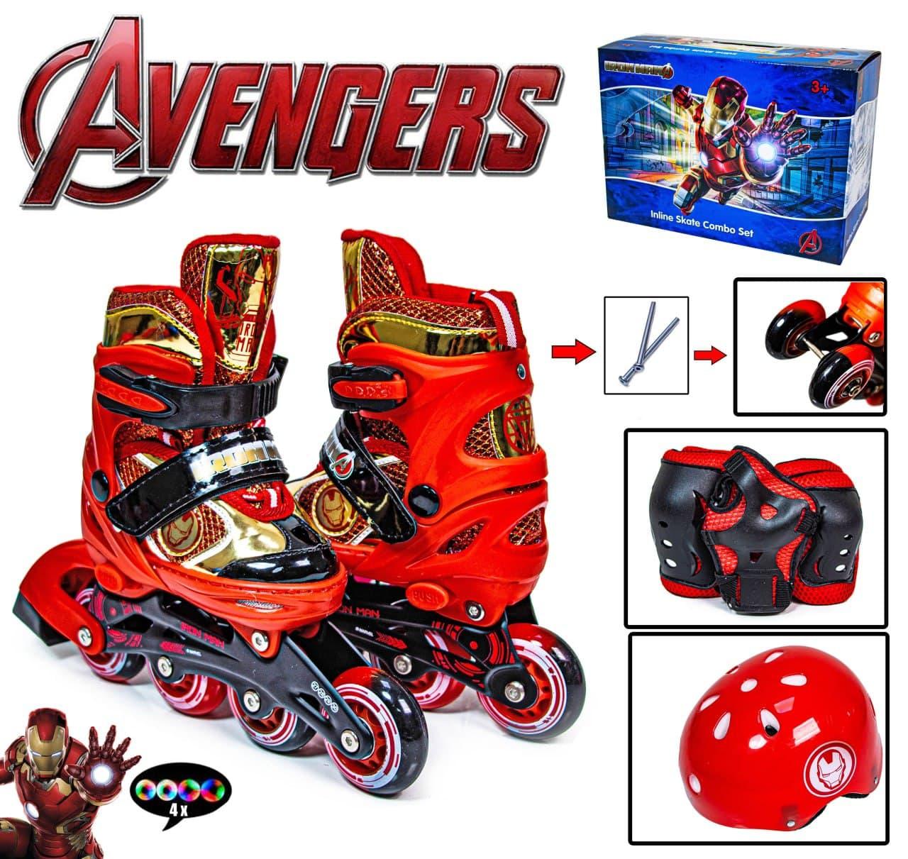 

Детские ролики MARVEL IRON MAN + шлем, + защита для ладоней, локтей и колен красный 35-38(размер)