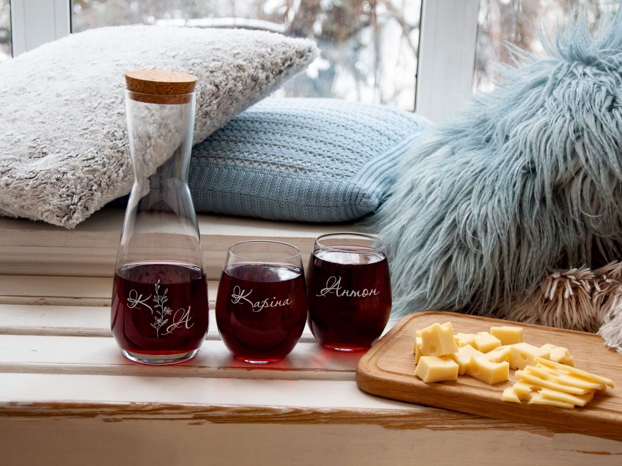 

Стаканы для вина и графин с гравировкой, графин + 2 стакана, WOODPRESENT