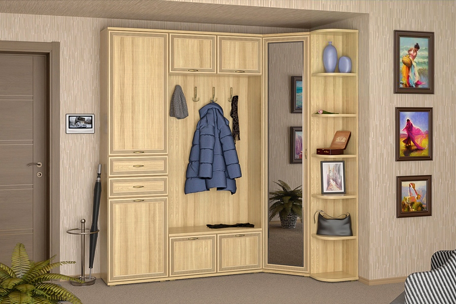 

Прихожая стенка комплект Лером Карина из МДФ 222x211+95x35 см Ясень Асахи (ler-4007)