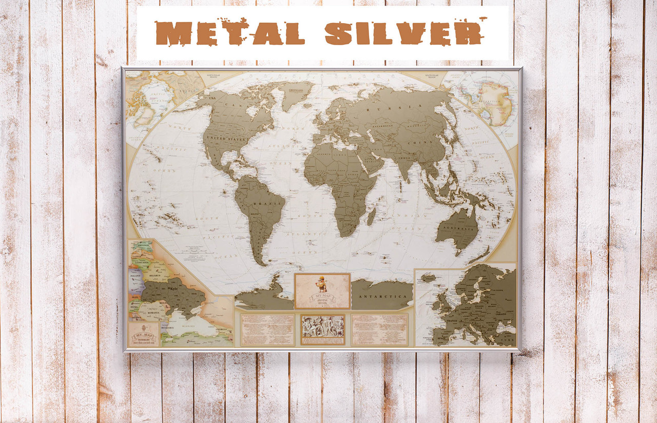 

Античная скретч карта мира на англ. языке в металлической раме