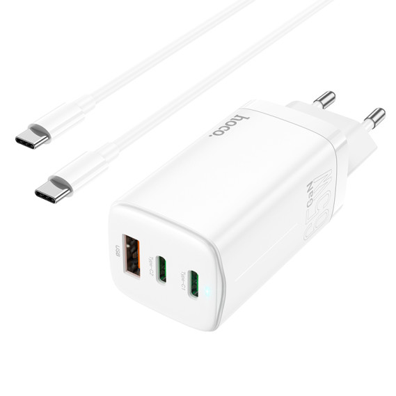 

Сетевое Зарядное Устройство 1USB + 2Type-C Hoco N16 65W White + Cable Type-C to Type-C (Белый)