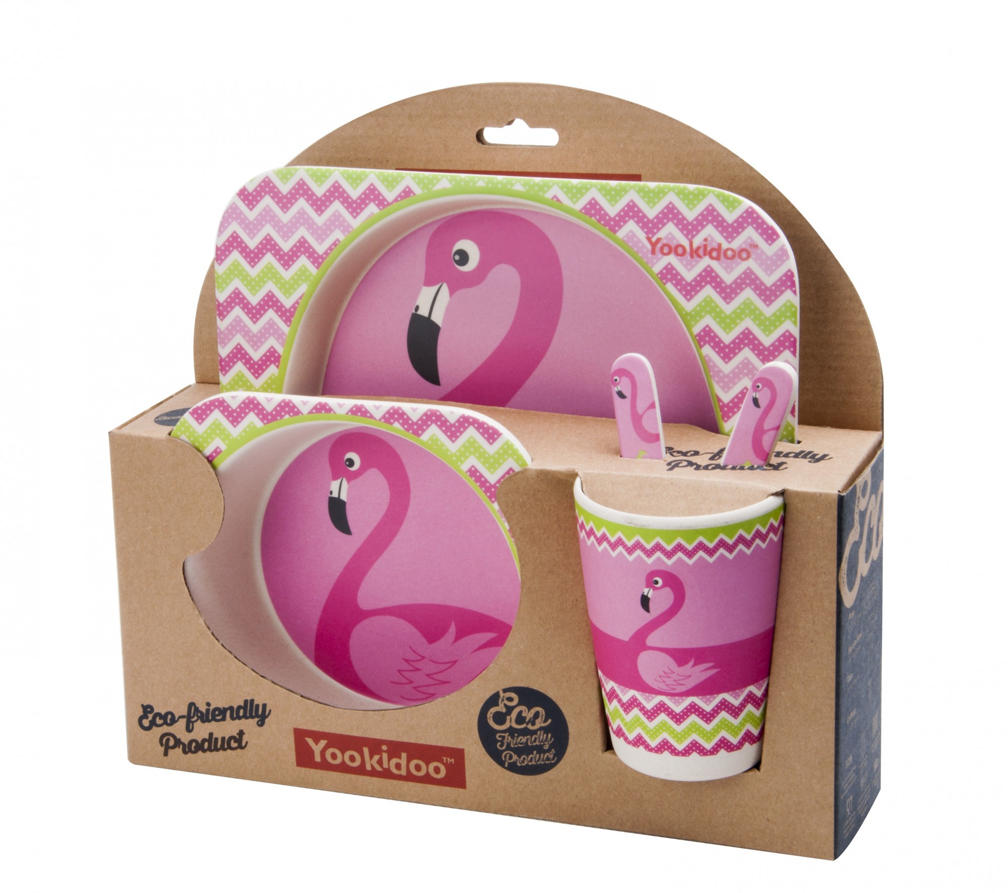 

Детская посуда из бамбука Yookidoo&Smileykids Розовый фламинго 5 предметов