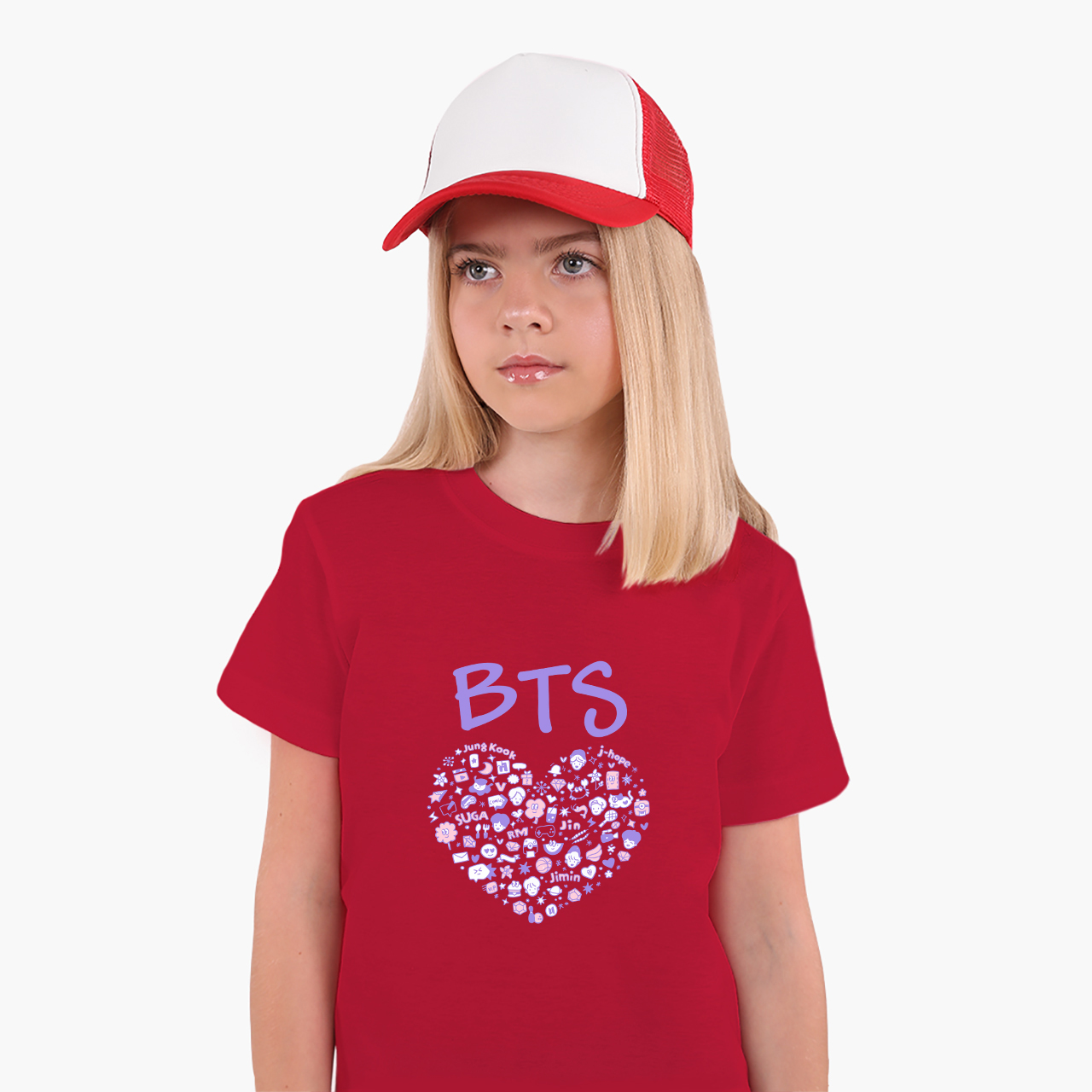 

Детская футболка для девочек БТС (BTS) (25186-3268-3) 122-128 см Хлопок Красный