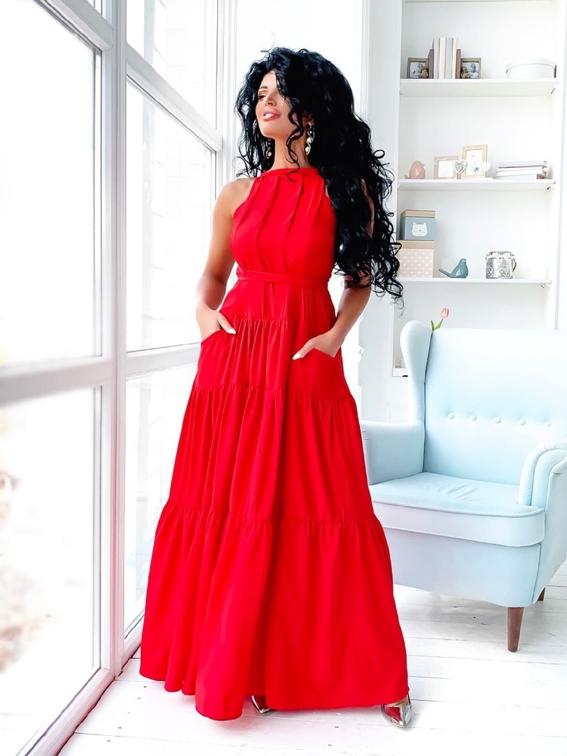 

Сарафан женский длинный с карманами однотонный Miss Podium Красный, Сарафан женский длинный с карманами однотонный Miss Podium Красный 44