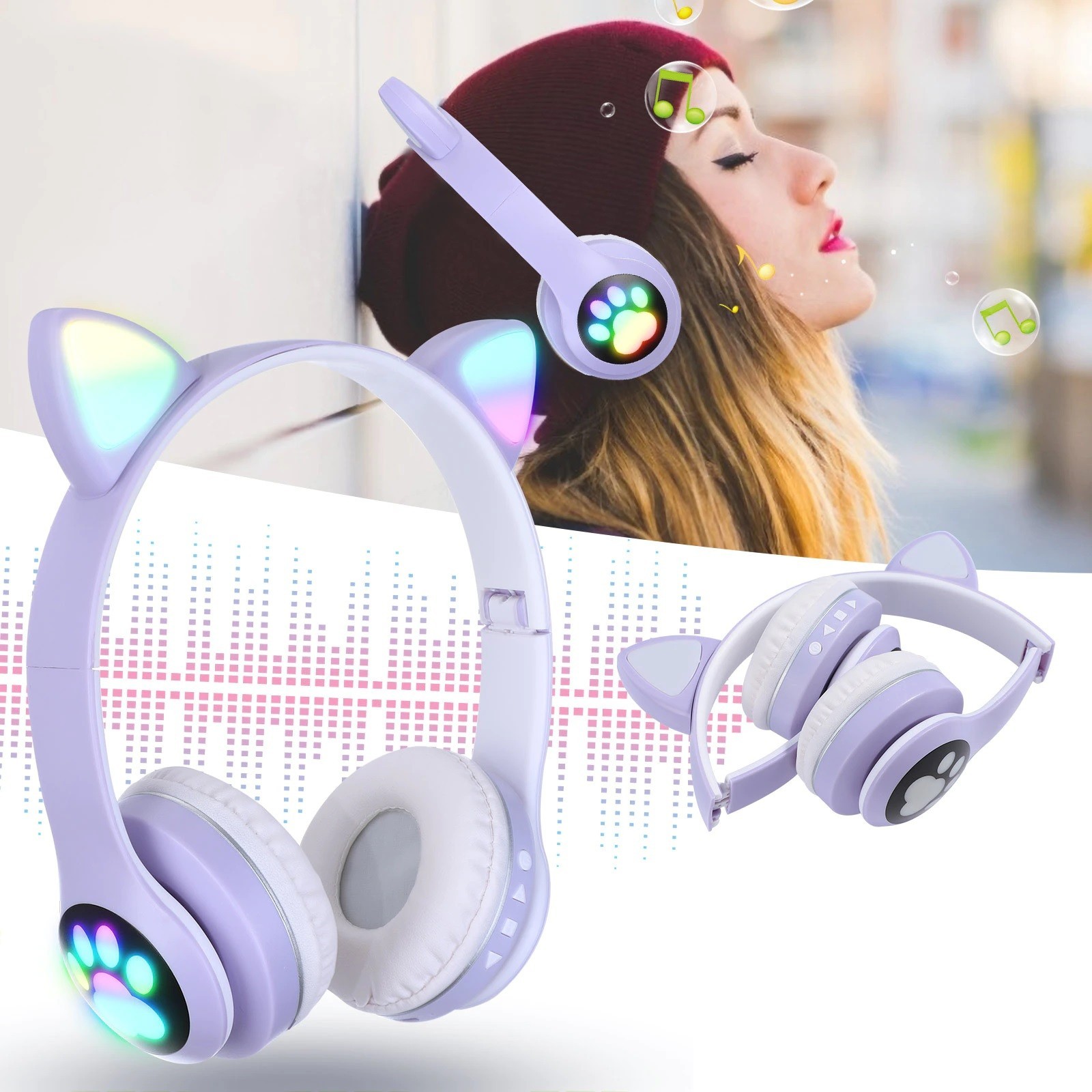 

Беспроводные наушники с кошачьими ушками и цветной подсветкой Cat VZV 23M Purple